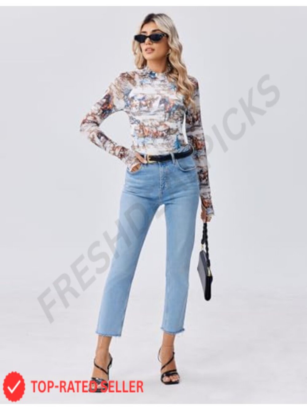 Women's Long Sleeve Floral Mesh Sheer Top Mock Neck Double Lined Fitted Blouse - Picture 4 of 6